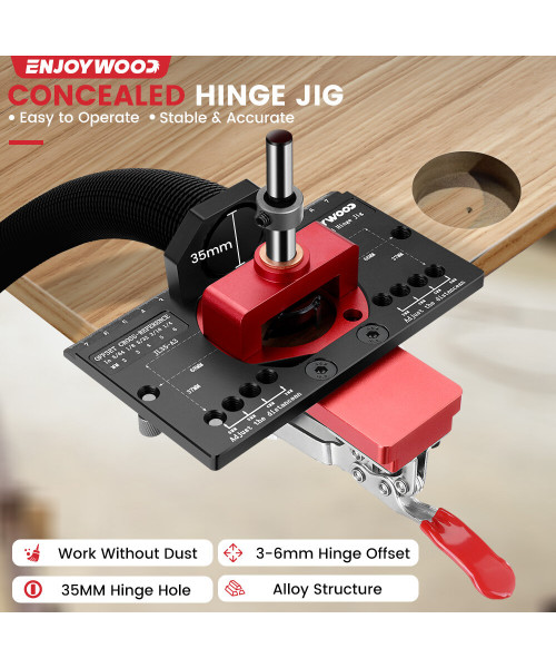 ENJOYWOOD Concealed Hinge Jig with Quick Clip and Dust Vacuum Adapter Concealed Door Hinge Jig 35mm Cabinet Hinge Jig Hinge Hole Drilling Jig for Woodworking Door Cabinet Hinges Mounting Tool