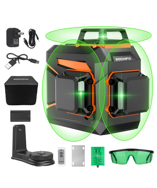 GOCHIFIX 3x360 12 Line 3D Self-Leveling Green Laser Level with Sharp 520 Laser Tube Rechargeable 5.2Ah Battery Pulse Mode & Remote Controller Ideal for Construction and Precision Leveling