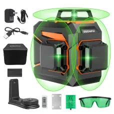GOCHIFIX 3x360 12 Line 3D Self-Leveling Green Laser Level with Sharp 520 Laser Tube Rechargeable 5.2Ah Battery Pulse Mode & Remote Controller Ideal for Construction and Precision Leveling