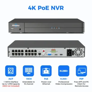 Hiseeu 16 Channel 4K PoE NVR Support 4K 2K 8MP 5MP 3MP 1080P PoE Camera with Motion Alarm 24/7 Recording Smart Playback Free Remote Access Network Video Recorder