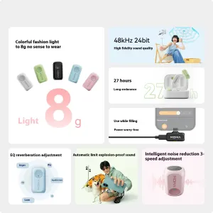 MOMA LARK A1 Wireless Lavalier Microphone 48kHz/24bit HD Noise Reduction 200m Transmission 3-Level Adjustable EQ 27H Battery Live Streaming Mic