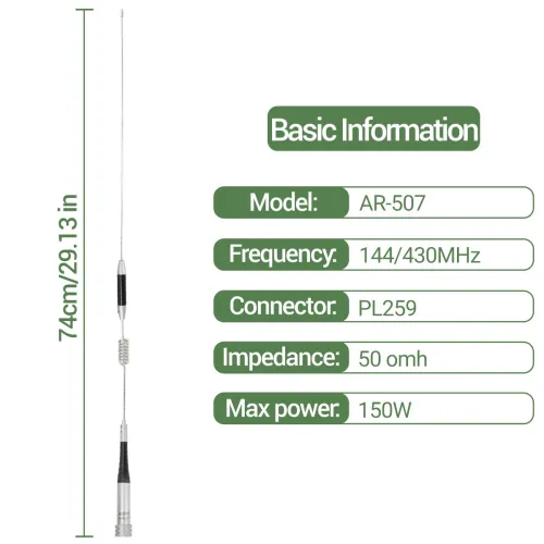 AR-507 High Gain Antenna 144/430MHz Mobile Radio Antenna 74CM PL259 Connector 150W Strong Signal Reception