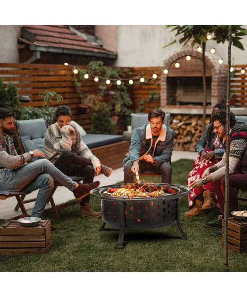 SINGLYFIRE 36 Inch Fire Pit Large Outdoor Wood Burning Crossweave firepit Heavy Duty Steel Bronze Pit for Patio Backyard Garden with BBQ Grate/ Spark Screen / Log Grate / Poker
