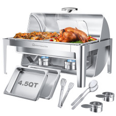 Warmounts 9QT Rectangular Roll Top Chafing Dish Buffet Set, Stainless Steel Catering Server Food Warmer with Glass Lid & Holder, Fuel Holder for Parties Wedding 63x44x42.1 cm