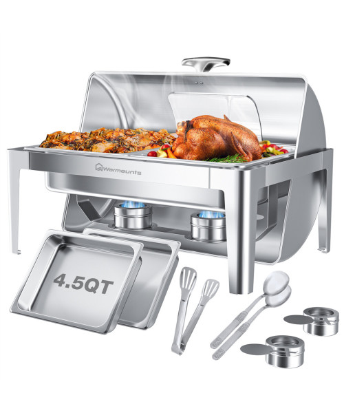 Warmounts 9QT Rectangular Roll Top Chafing Dish Buffet Set, Stainless Steel Catering Server Food Warmer with Glass Lid & Holder, Fuel Holder for Parties Wedding 63x44x42.1 cm
