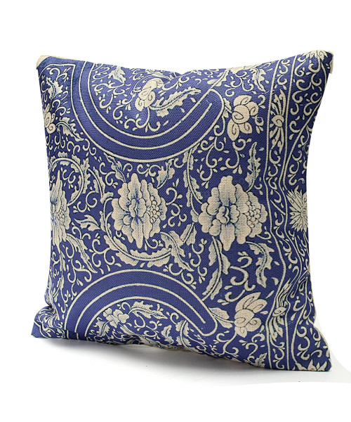 45x45cm Vintage Oriental Retro Blue Floral Linen Pillow Case Cushion Cover Home Decor