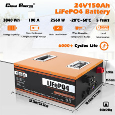 Cloudenergy 24V 150Ah LiFePO4 Battery 3840Wh 2560W Built-in 100A BMS 6000+ cycles 10 Years Service Life with Class A LiFePO4 Cells Perfect for Motorhome, Camper, Energy Storage, Van, Off-grid CL24-150
