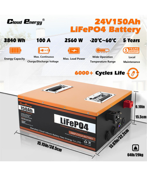 Cloudenergy 24V 150Ah LiFePO4 Battery 3840Wh 2560W Built-in 100A BMS 6000+ cycles 10 Years Service Life with Class A LiFePO4 Cells Perfect for Motorhome, Camper, Energy Storage, Van, Off-grid CL24-150