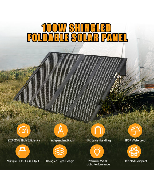 Foursun 18V 100W(150W Peak) Portable Solar Panel for Power Station Foldable Shingle IP67 Waterproof Independent Support Rod for Solar Generator Power Bank 12V Car Battery
