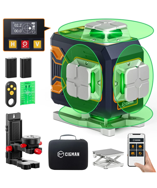 CIGMAN CM-S02 4x360 Green Cross Line Laser Level Self-Leveling Remote Control 2600mAh Li-ion Battery Type-C Charging IP54 Waterproof