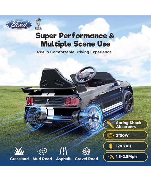 Funtok GT02A  Licensed Mustang GT500 12V Powered Kids Electric Ride on Car Truck 16" Seater bluetooth Music LED Lights with Remote Control Car Toy