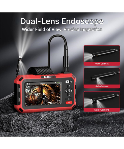 KAIWEETS Dual Lens Endoscope Camera 5 Inch IPS Screen 1920P HD Front and Side View IP67 Waterproof 8mm Probe 5M Cable 1080p Video Recording 4000mAh Battery USB-C