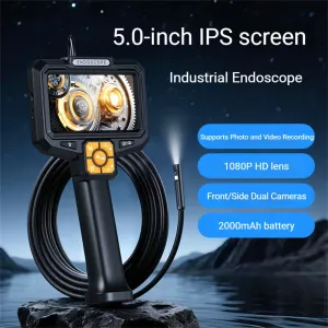 5 inch IPS Industrial Endoscope 1080P HD Dual Front Side Cameras Photo Video Recording IP67 Pipe Inspection Tool Portable Multi-functional