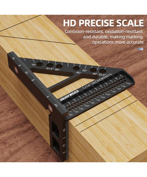 ENJOYWOOD 3D Multi-Angle Measuring Ruler Square Protractor Hole Positioning Inch/MM Imperial Metric Durable Aluminum Alloy T-Type Triangle Scriber Tool Ideal for Woodworking Measuring Angles 22.5/30/45/60/67.5/90 Degrees