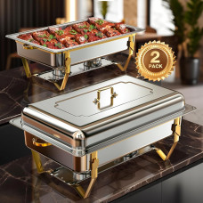 Warmounts 8QT High Grade Chafing Dishes for Buffet, Chafers and Buffet Warmers Sets for Birthday, Wedding, Rolled-Edge Design with Gold and Silver, 2/4 Pack