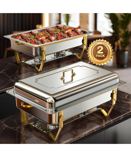 Warmounts 8QT High Grade Chafing Dishes for Buffet, Chafers and Buffet Warmers Sets for Birthday, Wedding, Rolled-Edge Design with Gold and Silver, 2/4 Pack