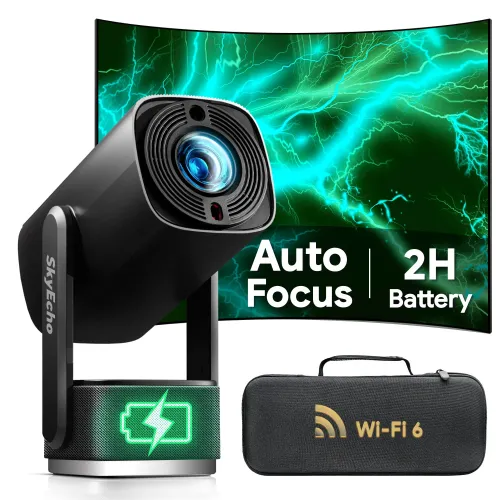SkyEcho FreeONE-Pro Auto Focus Built-in battery Ceiling Projector Android 1+8G 350 ANSI Lumens 1080P 4K Decoding Supported Built-in 6W Surround Speaker WiFi6 bluetooth 5.2 Home Theater Outdoors Wireless Projectors