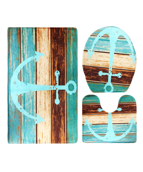 3Pcs Retro Old Style Anchor Non-Slip Bathroom Carpet Toilet Seat Cover Bath Mat Creative Set
