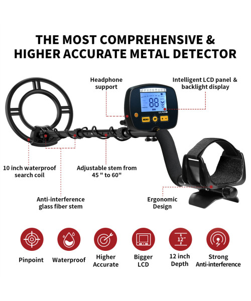 GC1071 Metal Detector Waterproof IP68 with Advanced DSP Chip 10 Inch Coil 5 Search Modes LCD Display Best Gold Detectors for Treasure Hunting