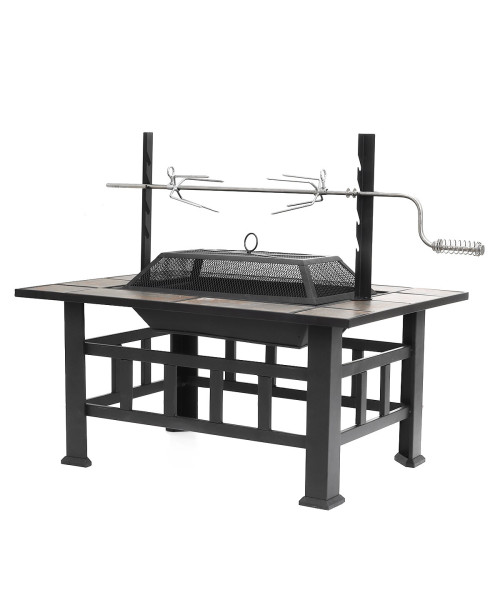 SINGLYFIRE 37 Inch Fire Pit Table with Grill for Outside Large Square Wood Burning firepit Heavy Duty Steel Pit Cooking with Spark Screen Log Grate Poker for Backyard Garden Camping