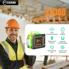 CIGMAN CM-S03 Laser Level 12 Lines LCD Display Green Beam 3x360 Self Leveling Tool IP54 Rechargeable Battery Remote Control for Construction Alignment