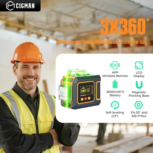CIGMAN CM-S03 Laser Level 12 Lines LCD Display Green Beam 3x360 Self Leveling Tool IP54 Rechargeable Battery Remote Control for Construction Alignment