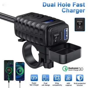 48W Motorcycle USB Charger QC3.0 & PD Fast Charge 3.0 Motorcycle USB USB Type C Phone Charger with Voltmeter and On/Off Switch