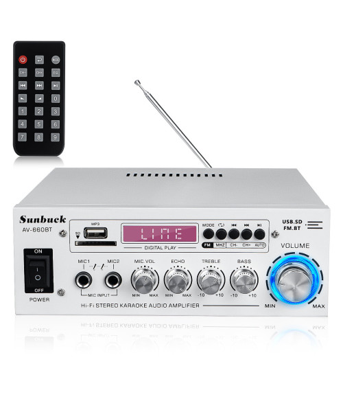 Sunbuck AV-660BT 2000W bluetooth 5.0 Audio Power Amplifier EQ Stereo AMP Car Home 2CH AUX USB FM Radio