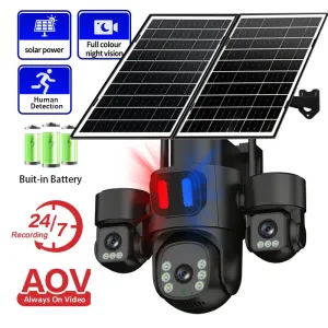 AOV 6MP HD Solar Powered Three Lens Security Camera 4G 360 Panoramic View Color Night Vision Red Blue Alarm Weatherproof AI Human Detection Wireless Outdoor Surveillance Camcorders