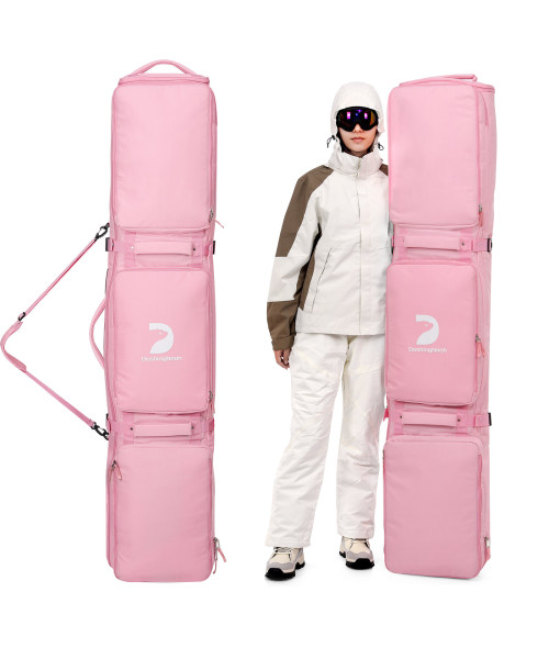 DashingNoah Rolling Ski Bags with Wheel, 155cm-175cm Padded Waterproof Snowboard Bag for Air Travel, Fits Single Ski & Skis with 3 Separation Storage, Unisex Adjustable Length, Pink