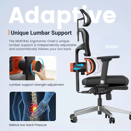 NEWTRAL NT002 Ergonomic Office Chair PRO VERSION with Footrest High Back Desk Chair with Unique Adjustable Lumbar Support Backrest Seat Depth Adjustment Tilt Function 4D Armrest Recliner Chair for Home Office