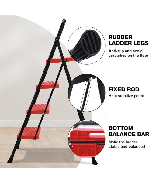 Portable Folding Ladder Red 4 Step Anti-Slip Wide Pedal Versatile Use for Home Office Garden