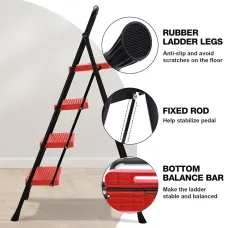 Portable Folding Ladder Red 4 Step Anti-Slip Wide Pedal Versatile Use for Home Office Garden