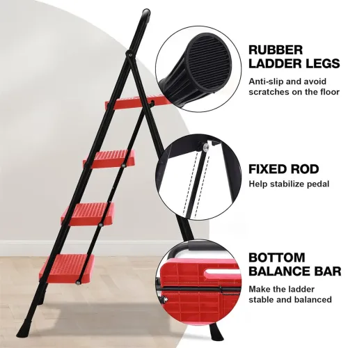 Portable Folding Ladder Red 4 Step Anti-Slip Wide Pedal Versatile Use for Home Office Garden