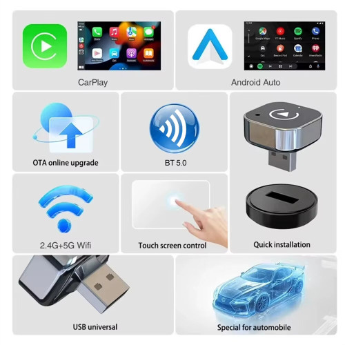 LAESD Q1A 2 in 1 Wireless CarPlay Android Adapter Dual-Band 2.4GHz 5GHz Plug and Play Auto-Reconnect Voice Control Mini USB Dongle Heat Dissipation