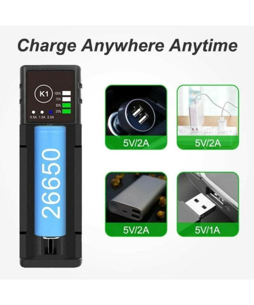 K1 Single Slot with USB Port Universal Li-ion Battery Charger Intellegent Charger for Flashlight RC Toys Home Tools Battery Charger For Li-ion 18650 21700 26650 AA AAA Batteries Cell