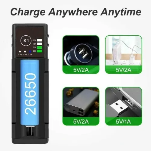K1 Single Slot with USB Port Universal Li-ion Battery Charger Intellegent Charger for Flashlight RC Toys Home Tools Battery Charger For Li-ion 18650 21700 26650 AA AAA Batteries Cell