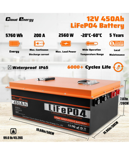 Cloudenergy 12V 450Ah LiFePO4 Battery Pack Backup Power 5760Wh 2560W Energy 6000+ Cycles Built-in 200A BMS, Support in Series/Parallel, Perfect for Replacing Most of Backup Power, RV, Boats, Solar, Trolling motor, Off-Grid CL12-450