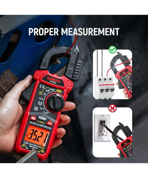 KAIWEETS KC604 Digital Clamp Meter True-RMS AC/DC Voltage Current Tester NCV Detection Auto Shut-Off LCD Backlight 1.1 Inch D-Shaped Jaw