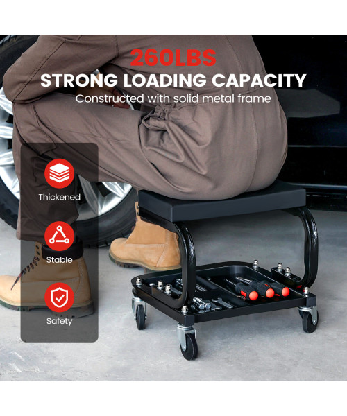 Heavy-Duty Garage Creeper Mechanic Stool with Tool Tray Storage for Car Maintenance