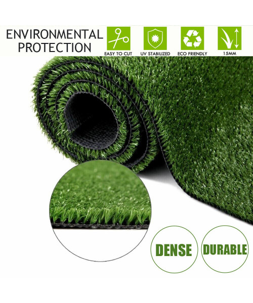 Premium Quality UV Resistant Artificial Grass Mat 15mm Thick Fire Retardant PP+PE Material Easy Clean Cut to Fit Indoor Outdoor Use Durable Lawn Decoration Green