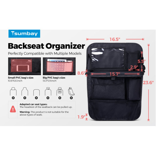 Tsumbay 2pcs Foldable Car Seat Back Storage Bag with Pockets and Tray Oxford Cloth Set