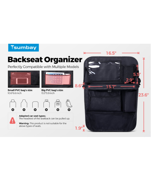 Tsumbay 2pcs Foldable Car Seat Back Storage Bag with Pockets and Tray Oxford Cloth Set