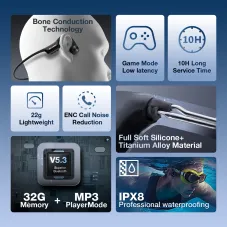 BlitzWolf BW-BTS9 bluetooth Earphone Bone Conduction Earbuds Built-in 32GB Memory IPX8 Waterproof Soft Silicone Comfort Wear Sports Headphones with Mic