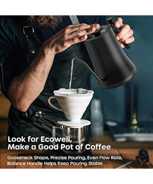 ECOWELL WMTS01 Gooseneck Electric Kettle, Gooseneck Kettle Electric Water Kettle Stainless Steel with Temperature Control, Pour Over Kettle for Coffee and Tea, 1200W Quick Heating, 0.8L, Matte Black