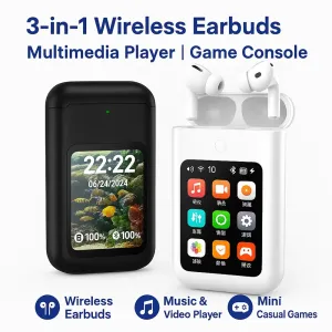 A98BOX 3-in-1 TWS bluetooth Earbuds Charging Power Bank Earphone with 2.8-inch HD Screen 13mm Moving Coil ENC Noise Cancelling 8000mAh Battery Multimedia Player Portable Earbuds Built-in Flashlight