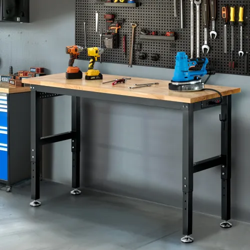 ENJOYWOOD 60 inch Worktable Workbench with Power Outlet 2000 lbs Load Capacity Garage Table Desk Adjustable Height Work Bench for Garage/Wood Shop/Office/Home