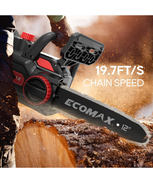 Ecomax ELG05 Cordless Chainsaw 12-Inch 18V Electric Chainsaw with 4Ah Battery & Fast Charger Powerful Chain Saws with Double Safety Switch for Wood Cutting ideal for Farm Backyard Garden Ranch