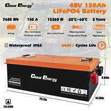 Cloudenergy 48V 150Ah LiFePO4 Deep Cycle Battery Pack for Golf Cart 7680Wh 15360W Energy Built-in 300A BMS 6000+ Cycles Life for RV, Marine,Golf Cart, Most of Out-Door Power Applications CL48-150G