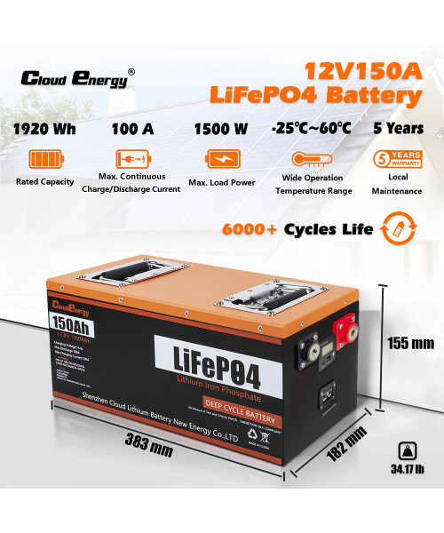 Cloudenergy 12V 150Ah LiFePO4 Deep Cycle Battery 1920Wh 1280W Built-in 100A BMS Perfect for RV Solar Marine Perfect Replace Most of Backup Power and Off Grid Applications CL12-150